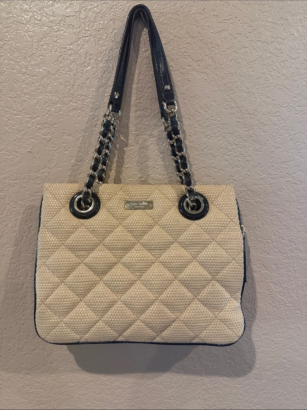 kate spade Beige Quilted Shoulder Bag with Black Chain Straps